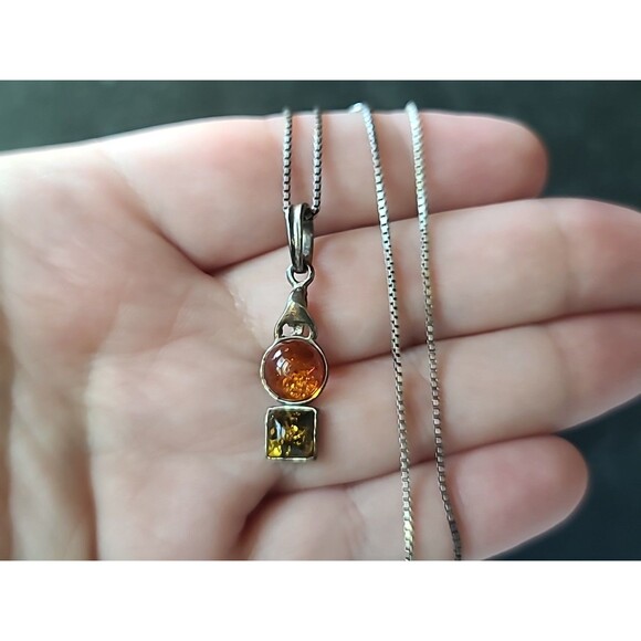 925 Sterling Silver Multicolored Amber Geometric Pendant Necklace Vintage Italy - Picture 1 of 10